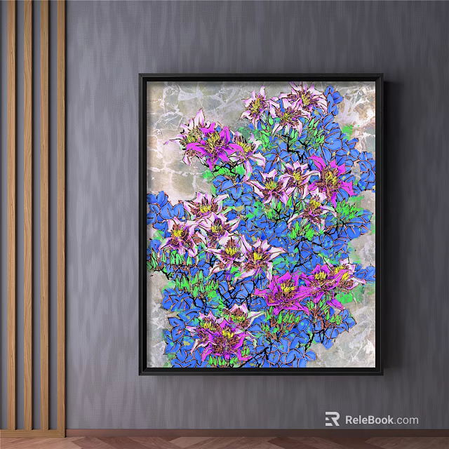 Vibrant Botanical Painting With Pink Purple Flowers Blue Leaves Marble Background Black Frame Striped Wall 3d model 