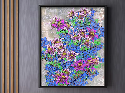Vibrant Botanical Painting With Pink Purple Flowers Blue Leaves Marble Background Black Frame Striped Wall 3d model