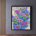 Vibrant Botanical Painting With Pink Purple Flowers Blue Leaves Marble Background Black Frame Striped Wall