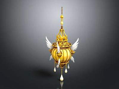 Golden Decorative Pendant With White Wings Intricate Hollow Design And Teardrop Pendants 3d model