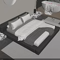 Modern Minimalist Double Bed Bedroom Interior With White Brown Bedding Patterned Stools And Rug 3d model