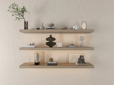 Decorative Ornament Arrangement on Wooden Shelves with Plants Vases Sculptures Books Lamps and Beige Wall 3d model