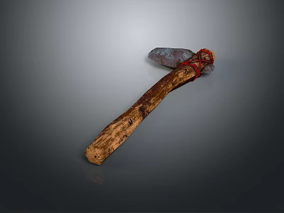Traditional Axe with Rough Wooden Handle and Dark Metal Head Adorned with Red Rope Wrap 3d model