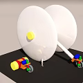 Colorful Toy Cars With White Dishes Yellow Dots And Person Standing Nearby