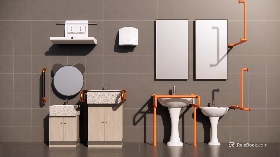 Functional Modern Bathroom Set With Sinks Mirrors Cabinets And Storage Shelves 3d model 