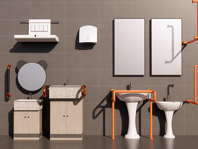 Functional Modern Bathroom Set With Sinks Mirrors Cabinets And Storage Shelves 3d model