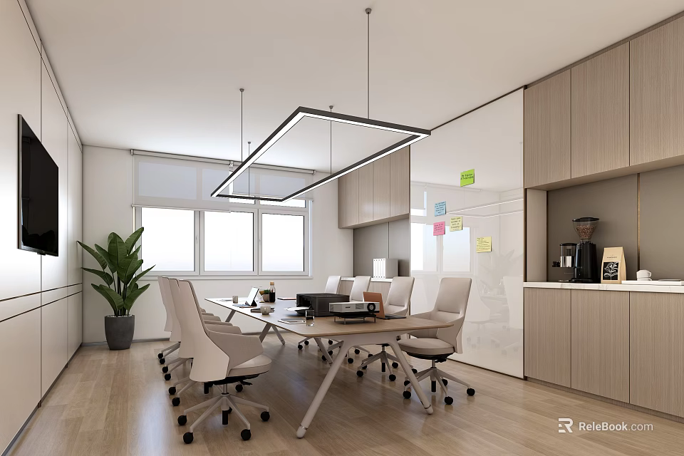Modern Meeting Room Interior With Long Table White Office Chairs And Pendant Lights 3d model 