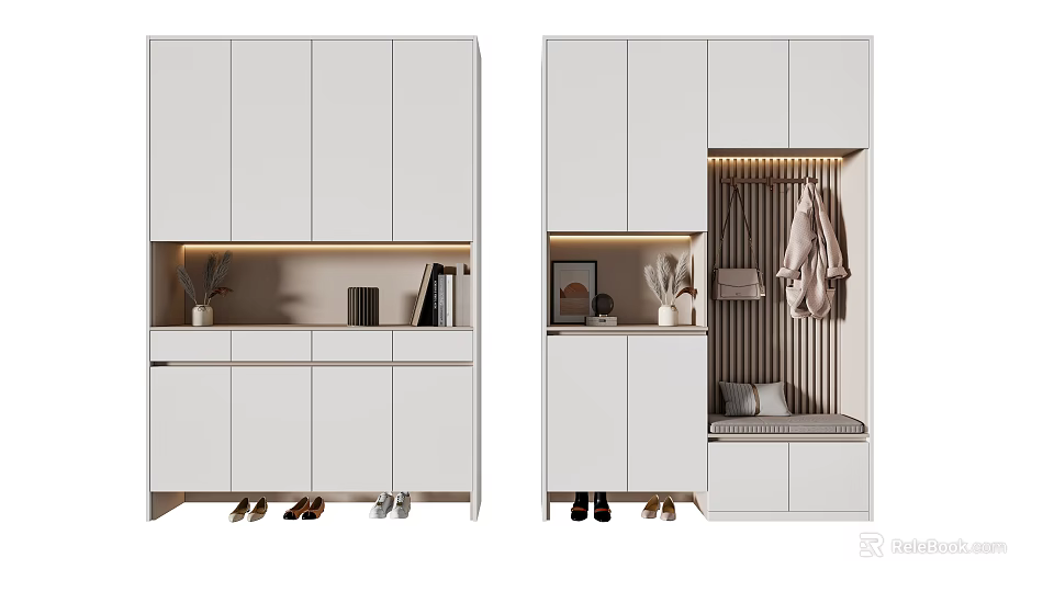 Modern White Shoe Cabinet With Storage Compartments Decorative Shelf Seat And Clothing Hanger Area 3d model 