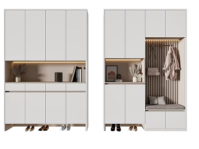 Modern White Shoe Cabinet With Storage Compartments Decorative Shelf Seat And Clothing Hanger Area 3d model