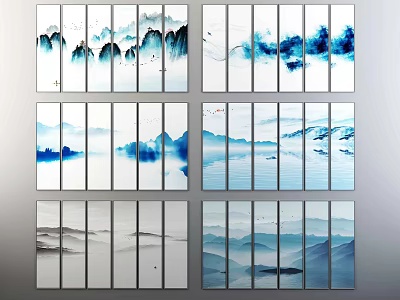Ink Wash Landscape Painting With Blue Mountains Gray Water And Clouds In Multi Panel Set 3d model