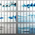 Ink Wash Landscape Painting With Blue Mountains Gray Water And Clouds In Multi Panel Set