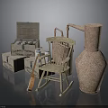 Rustic Scene With Vintage Wooden Crates Rocking Chair And Distillation Still