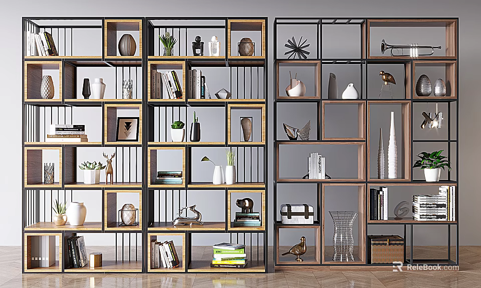 Modern Bookshelf With Multiple Compartments Decorative Items Books And Green Plants 3d model 
