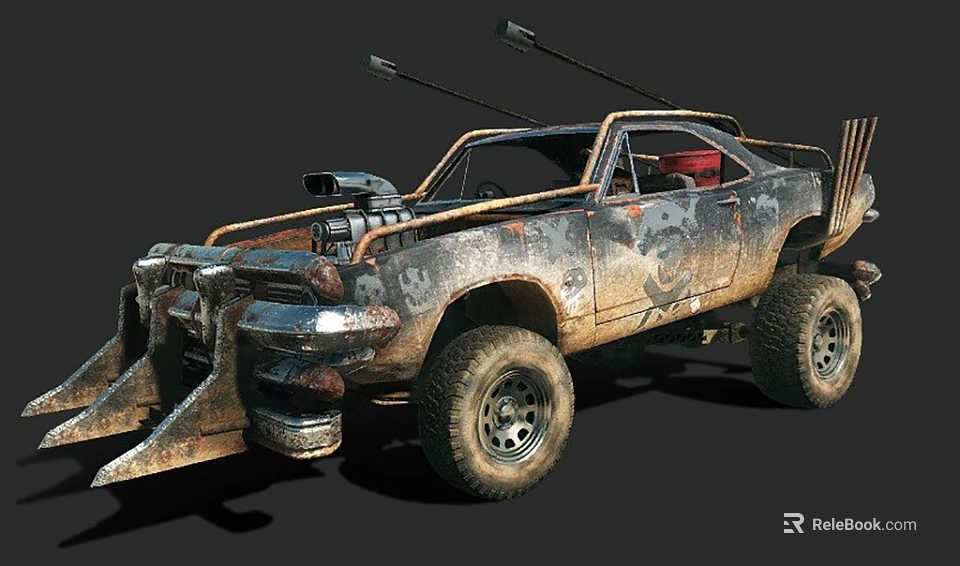 Rusty Modified Off Road Car With Large Tires Metal Front Scoop And Dual Roof Pipes 3d model 