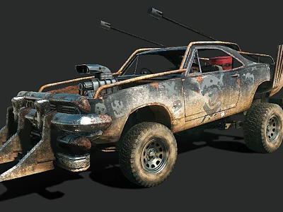 Rusty Modified Off Road Car With Large Tires Metal Front Scoop And Dual Roof Pipes 3d model