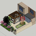 Residential Landscape Featuring Brick House Wooden Pergola Flowering Trees Iron Gate And Stone Walls