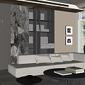 Modern Living Room Interior With Light Sofa Black Bookshelf Marble Wall And Round Coffee Table