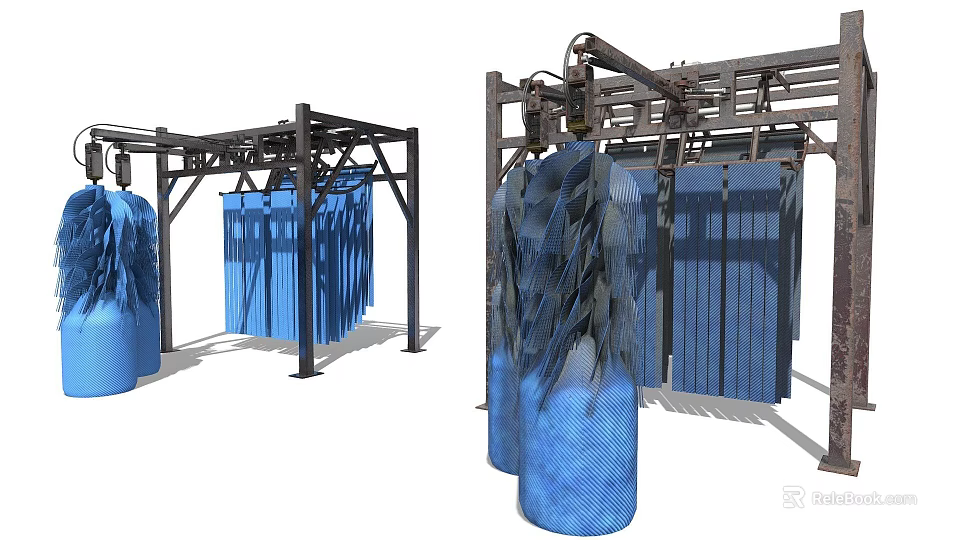 Heavy Duty Industrial Equipment With Metal Frame Structure Hanging Blue Cylinders 3d model 