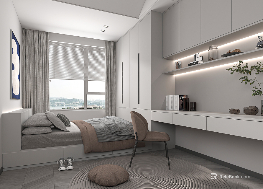 Tatami Bedroom Interior Design With Grey Tatami Bed White Wardrobe Desk Chair And Green Plant 3d model 
