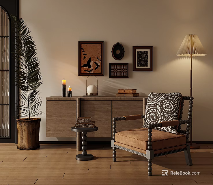 Stylish Accent Chair With Patterned Pillow In Living Space With Wooden Cabinet Decorations Floor Lamp And Potted Plant 3d model 