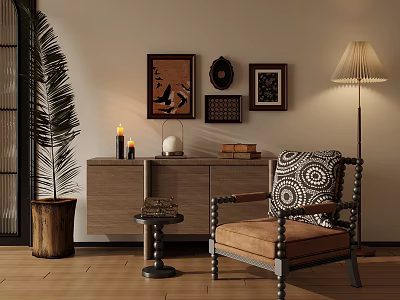 Stylish Accent Chair With Patterned Pillow In Living Space With Wooden Cabinet Decorations Floor Lamp And Potted Plant 3d model