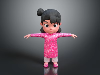 Little Girl In Pink Traditional Dress With White Patterns Bun Hairstyle Arms Outstretched Dark Background 3d model