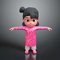 Little Girl In Pink Traditional Dress With White Patterns Bun Hairstyle Arms Outstretched Dark Background