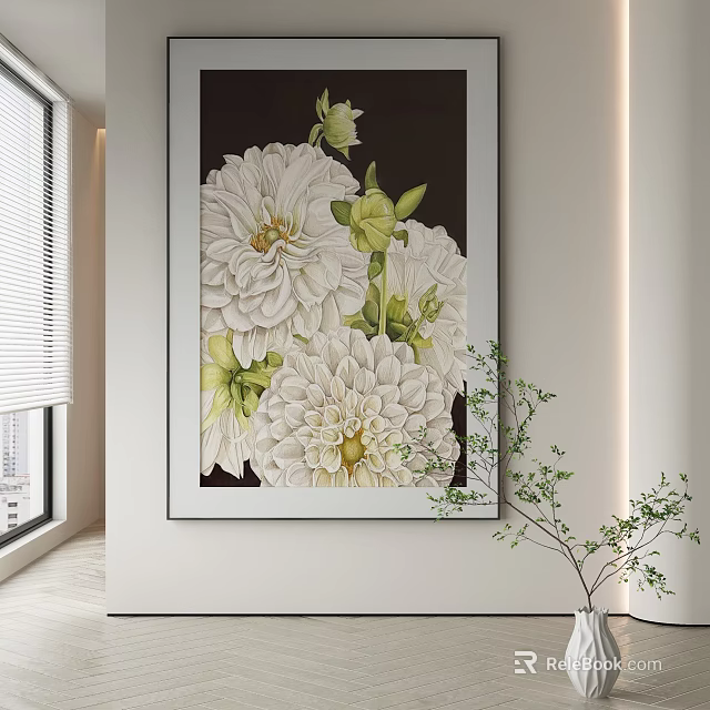Abstract Painting With White Flowers And Green Leaves For Modern Home Wall Decor 3d model 