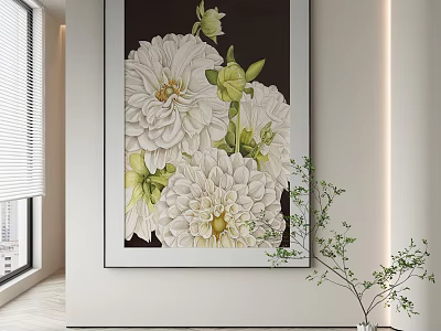 Abstract Painting With White Flowers And Green Leaves For Modern Home Wall Decor 3d model