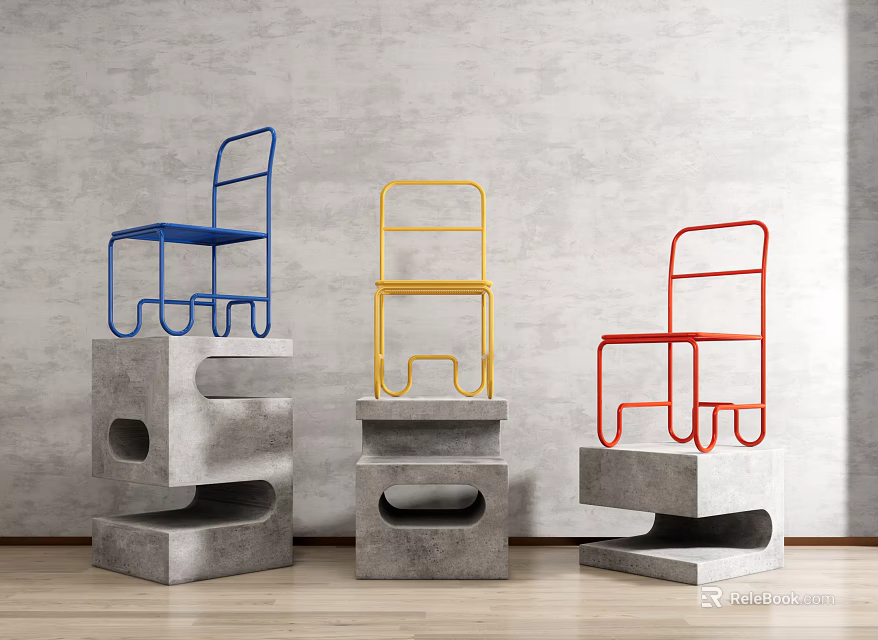 Colorful Metal Frame Leisure Chairs On Concrete Pedestals Against Grey Wall Wooden Floor 3d model 