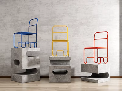 Colorful Metal Frame Leisure Chairs On Concrete Pedestals Against Grey Wall Wooden Floor 3d model