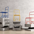 Colorful Metal Frame Leisure Chairs On Concrete Pedestals Against Grey Wall Wooden Floor
