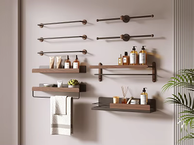 Modern Bathroom Wall Mounted Shelves With Towel Racks Toiletries And Green Plant 3d model