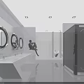 Modern Public Toilet Interior With Circular Mirrors White Washbasin And Grey Stalls