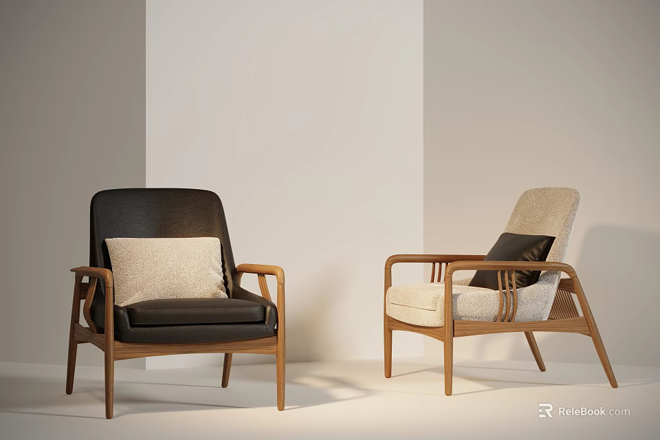 Modern Minimalist Leisure Chairs With Leather Fabric Seats Black Beige Cushions And Wooden Armrests 3d model 