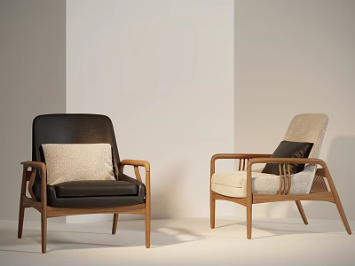Modern Minimalist Leisure Chairs With Leather Fabric Seats Black Beige Cushions And Wooden Armrests 3d model