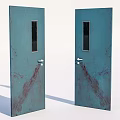 Teal Swing Doors With Rectangular Glass Panels And Rustic Texture Design 3d model