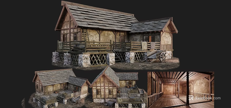 Ancient Traditional Building With Wooden Structure Stone Base And Sloped Roof 3d model 