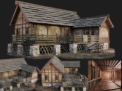 Ancient Traditional Building With Wooden Structure Stone Base And Sloped Roof 3d model