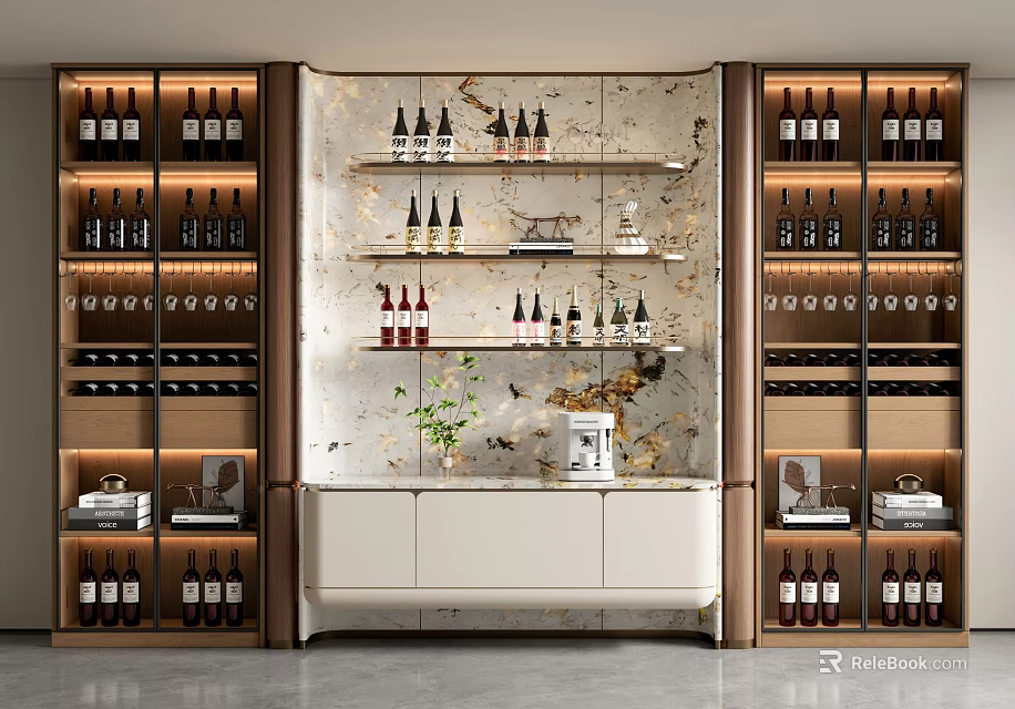 Elegant Modern Wine Cabinet With Glass Doors Marble Backdrop And Wine Bottles 3d model 