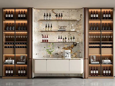 Elegant Modern Wine Cabinet With Glass Doors Marble Backdrop And Wine Bottles 3d model