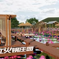 Scenic Ecological Park With Wooden Walkways Lotus Flowers And Water Wheels