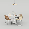 Modern Dining Table Set with White Round Table Four Chairs Decorative Vase and Hanging Light 3d model