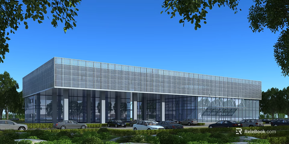 Modern Glass Curtain Wall Office Building With Parking Area Greenery And Blue Sky 3d model 