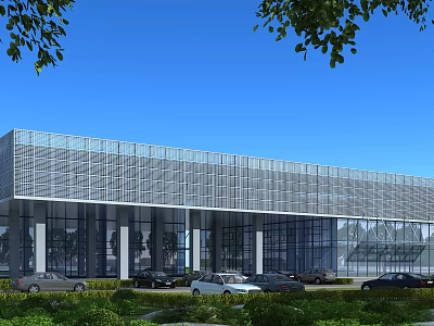 Modern Glass Curtain Wall Office Building With Parking Area Greenery And Blue Sky 3d model