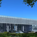 Modern Glass Curtain Wall Office Building With Parking Area Greenery And Blue Sky