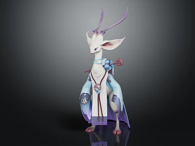 Magical Fantasy Character And Mythical Creature Standing With Antler Flowing Clothing White Body Purple Ornaments 3d model