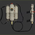 Portable Flame Thrower Weapon Featuring White Gas Cylinders Red Nozzle And Black Carrying Straps