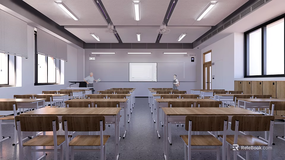 School Classroom Interior With Neat Desks Chairs Whiteboard Windows Lighting And Ceiling Fans 3d model 