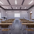 School Classroom Interior With Neat Desks Chairs Whiteboard Windows Lighting And Ceiling Fans